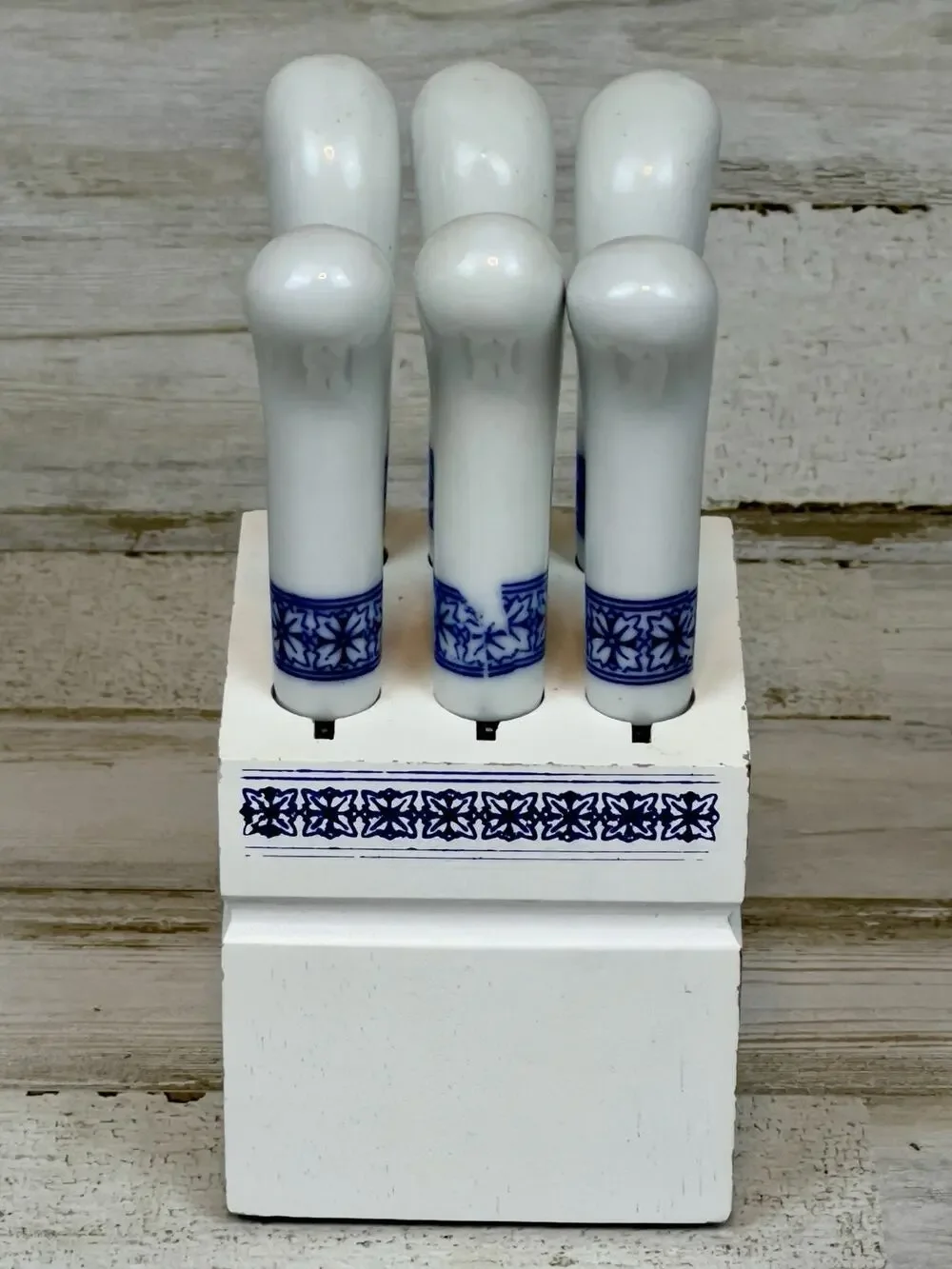 Vintage Blue White Ceramic Cheese Spreader Knife Set w/ Wood Block Japan 4 Pc